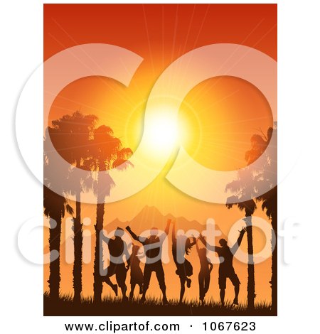 Clipart Silhouetted People Dancing Against A Tropical Sunset - Royalty Free Vector Illustration by KJ Pargeter