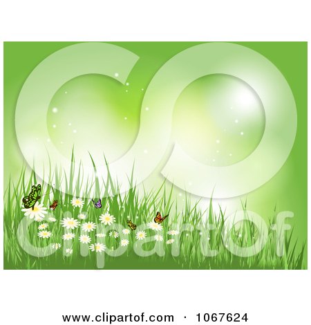Clipart Butterflies And Spring Daisies On Green - Royalty Free Vector Illustration by KJ Pargeter
