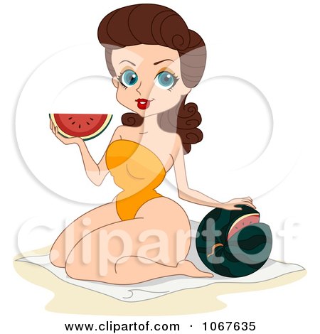 Clipart Summer Pinup Woman Eating Watermelon - Royalty Free Vector Illustration by BNP Design Studio