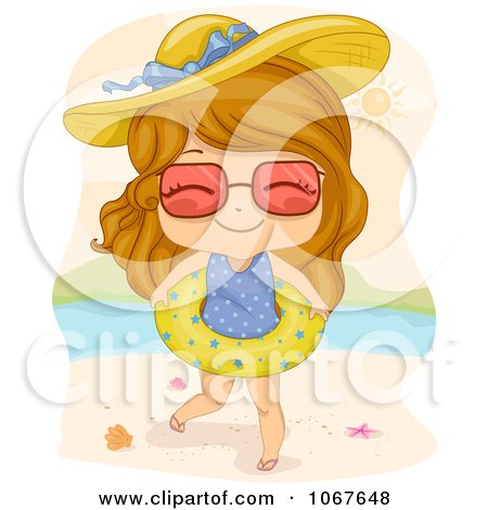 Clipart Summer Girl On The Beach With An Inner Tube - Royalty Free Vector Illustration by BNP Design Studio