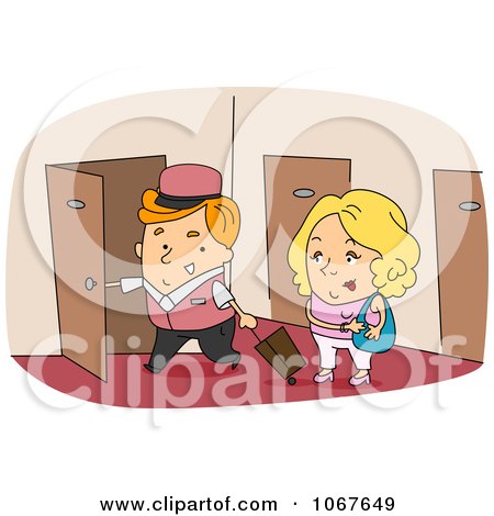 Clipart Bellboy Walking A Woman To Her Room - Royalty Free Vector Illustration by BNP Design Studio