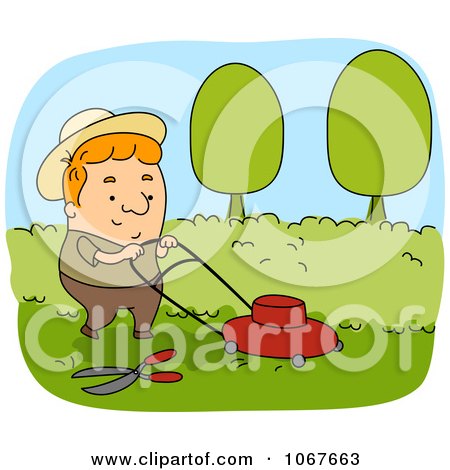Clipart Gardener Mowing A Lawn - Royalty Free Vector Illustration by BNP Design Studio