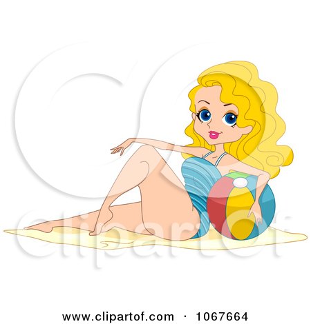 Clipart Blond Summer Pinup Woman With A Ball On The Beach - Royalty Free Vector Illustration by BNP Design Studio