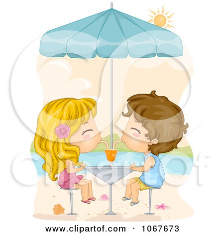 Clipart Summer Kids Sharing A Soda On The Beach - Royalty Free Vector Illustration by BNP Design Studio