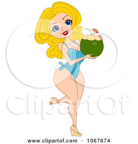 Clipart Summer Pinup Woman Drinking Coconut Juice - Royalty Free Vector Illustration by BNP Design Studio