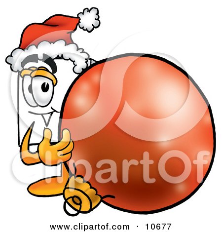 Clipart Picture of a Paper Mascot Cartoon Character Wearing a Santa Hat, Standing With a Christmas Bauble by Mascot Junction