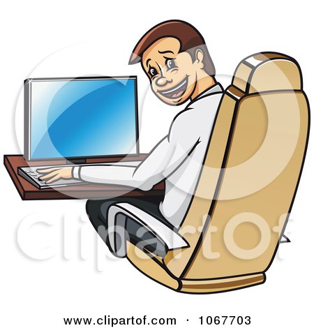 Clipart Happy Businessman Working At A Desk And Looking Back - Royalty Free Vector Illustration by Vector Tradition SM