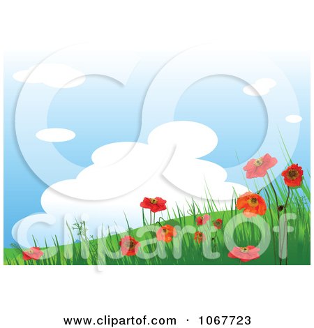Clipart Red Poppy And Hillside Background - Royalty Free Vector Illustration by Pushkin