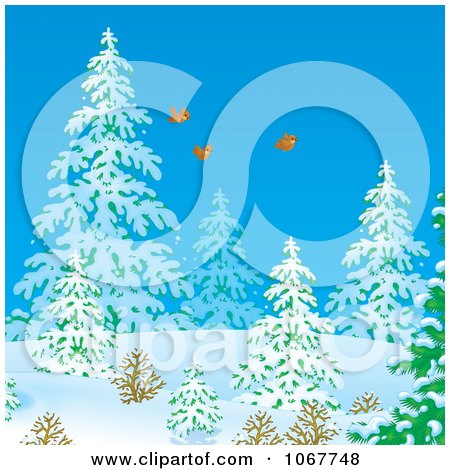 Clipart Three Birds Flying In A Winter Forest - Royalty Free Illustration by Alex Bannykh