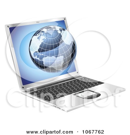 Clipart 3d Blue Globe Emerging From A Laptop - Royalty Free Vector Illustration by AtStockIllustration