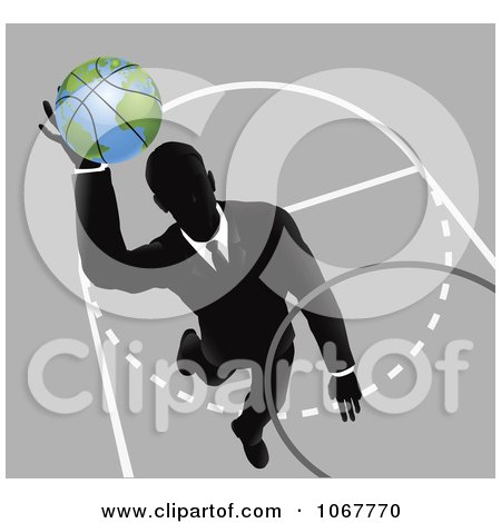 Clipart Businessman Slam Dunking A Globe Basketball - Royalty Free Vector Illustration by AtStockIllustration