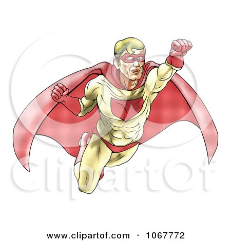 Clipart Halftone Dotted Super Hero Flying - Royalty Free Vector Illustration by AtStockIllustration
