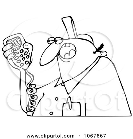 Clipart Outlined Worker Talking On A Radio - Royalty Free Vector Illustration by djart