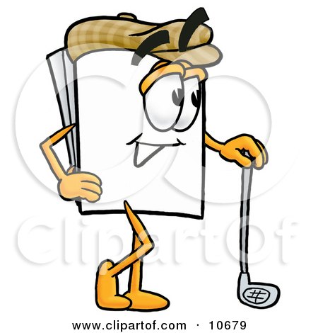 Clipart Picture of a Paper Mascot Cartoon Character Leaning on a Golf Club While Golfing by Mascot Junction