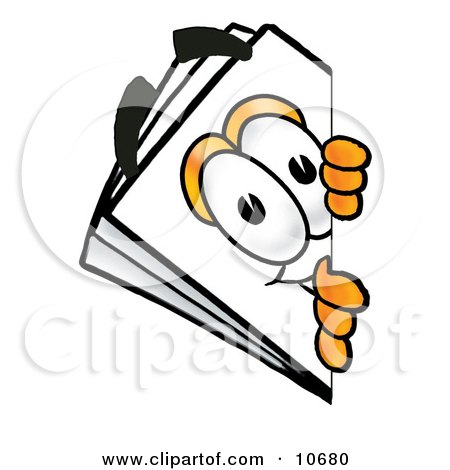 Clipart Picture of a Paper Mascot Cartoon Character Peeking Around a Corner by Mascot Junction