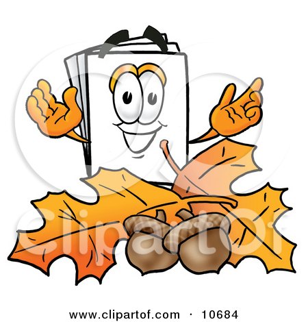 Clipart Picture of a Paper Mascot Cartoon Character With Autumn Leaves and Acorns in the Fall by Mascot Junction