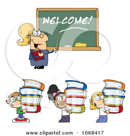 Clipart Female Teacher Welcoming Students Back To School - Royalty Free Vector Illustration by Hit Toon