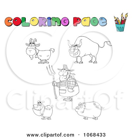 Clipart Coloring Page Farmer And Animals - Royalty Free Vector Illustration by Hit Toon