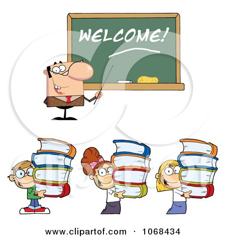 Clipart Male Teacher Welcoming Students Back To School - Royalty Free Vector Illustration by Hit Toon