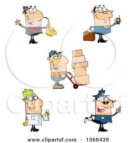 Clipart Saxophonist Businessman Delivery Man Scientist And Police Officer - Royalty Free Vector Illustration by Hit Toon