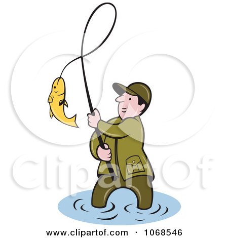 Clipart Wading Fisherman Bringing In His Catch - Royalty Free Vector Illustration by patrimonio