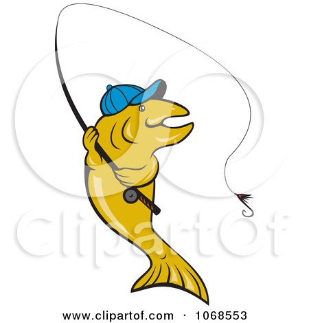 Clipart Trout Wearing A Hat And Fishing - Royalty Free Vector Illustration by patrimonio