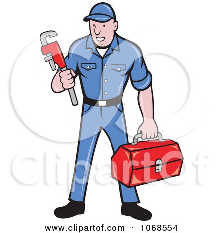Clipart Plumber Holding A Wrench And Tool Box - Royalty Free Vector Illustration by patrimonio