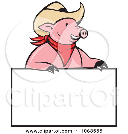 Clipart Cowboy Pig Over A Blank Sign - Royalty Free Vector Illustration by patrimonio