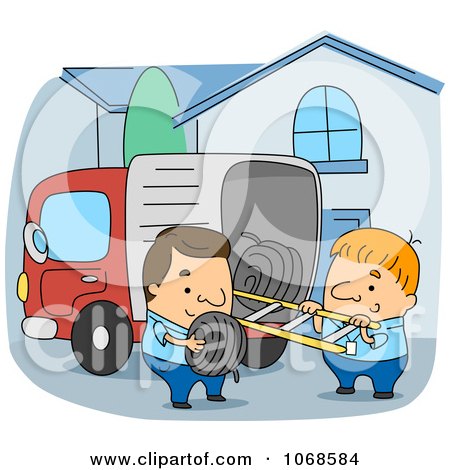 Clipart Line Installers Unloading A Truck - Royalty Free Vector Illustration by BNP Design Studio