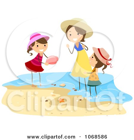 Clipart Mother Playing With Her Daughters On The Beach - Royalty Free Vector Illustration by BNP Design Studio