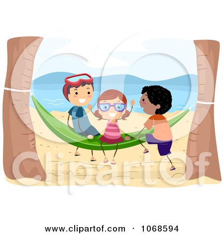 Clipart Beach Kids Playing On A Hammock - Royalty Free Vector Illustration by BNP Design Studio
