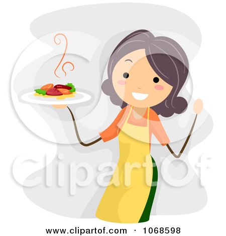Clipart Happy Woman Holding A Plate - Royalty Free Vector Illustration by BNP Design Studio