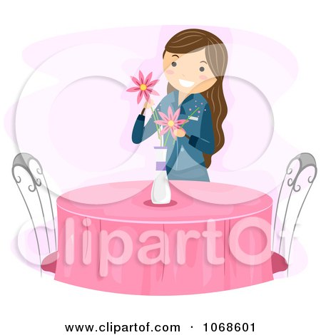 Clipart Girl Setting Flowers On A Table - Royalty Free Vector Illustration by BNP Design Studio