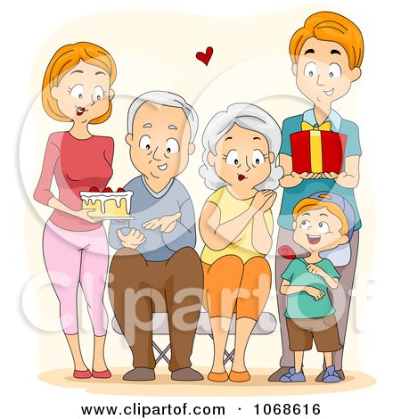 Clipart Happy Family Presenting Their Grandparents With Gifts - Royalty Free Vector Illustration by BNP Design Studio