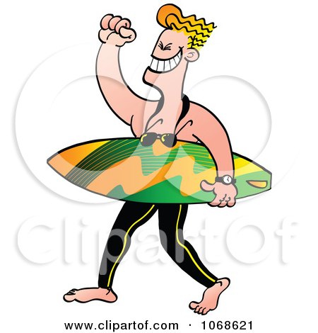 Clipart Surfer Dude Carrying A Board And Holding Up His Fist - Royalty Free Vector Illustration by Zooco