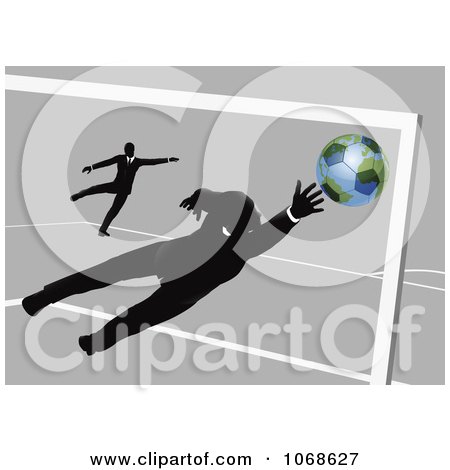 Clipart Businessman Goalie Leaping For A Soccer Ball - Royalty Free Vector Illustration by AtStockIllustration