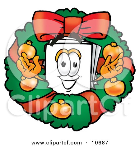 Clipart Picture of a Paper Mascot Cartoon Character in the Center of a Christmas Wreath by Mascot Junction