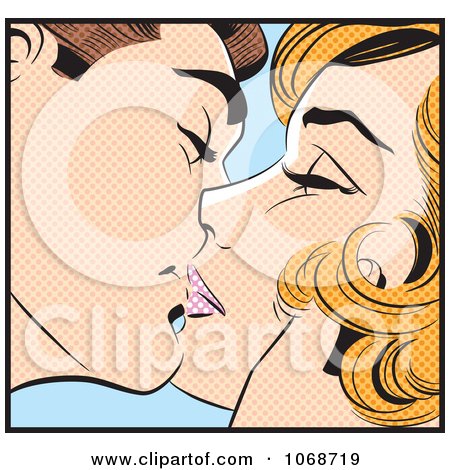 Clipart Pop Art Couple Kissing Over Blue - Royalty Free Vector Illustration by brushingup