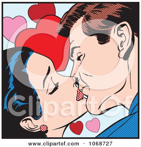 Clipart Pop Art Couple Kissing Over Hearts - Royalty Free Vector Illustration by brushingup