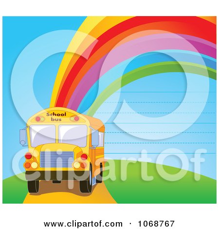 Clipart School Bus Against A Ruled Rainbow Sky - Royalty Free Vector Illustration by Pushkin
