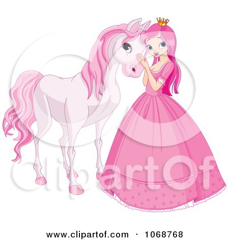 Clipart Princess Petting A Pink Horse - Royalty Free Vector Illustration by Pushkin
