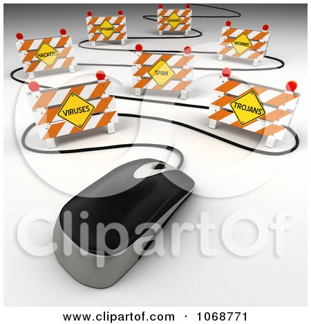 Clipart 3d Computer Mouse Cable Weaving Through Security Threats - Royalty Free CGI Illustration by stockillustrations