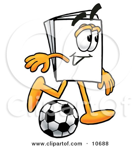 Clipart Picture of a Paper Mascot Cartoon Character Kicking a Soccer Ball by Mascot Junction