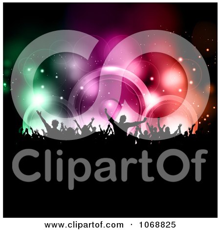 Clipart Silhouetted Crowd Against Colorful Music Speakers - Royalty Free Vector Illustration by KJ Pargeter