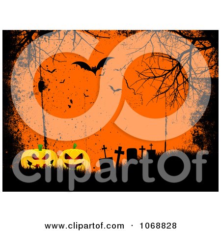 Clipart Grungy Orange Halloween Cemetery Background - Royalty Free Vector Illustration by KJ Pargeter