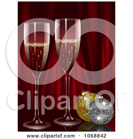 Clipart Champagne With Christmas Ornaments And Red Curtains - Royalty Free Vector Illustration by elaineitalia