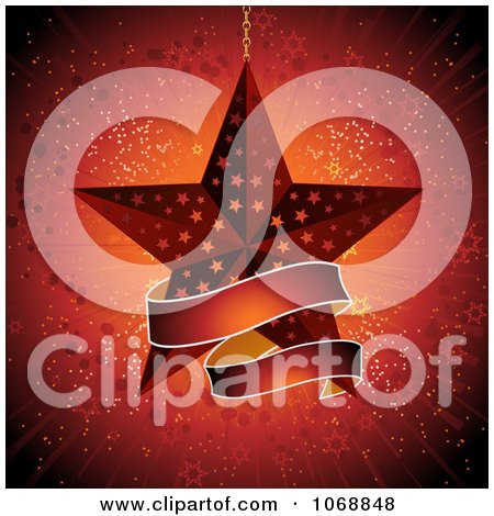 Clipart 3d Red Star Ornament And Banner Over A Burst - Royalty Free Vector Illustration by elaineitalia