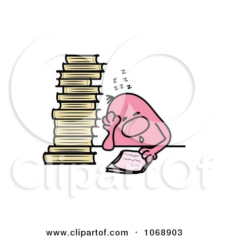 Clipart Roundy Guy Sleeping Over Homework - Royalty Free Vector Illustration by MilsiArt