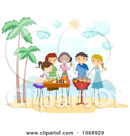 Clipart Stick People Having A Bbq Party On The Beach - Royalty Free Vector Illustration by BNP Design Studio