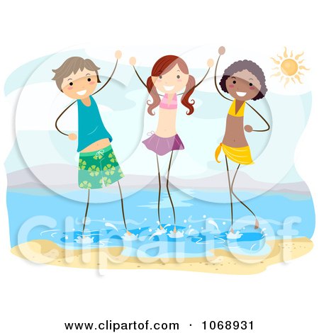 Clipart Three Stick Kids Standing In The Surf - Royalty Free Vector Illustration by BNP Design Studio